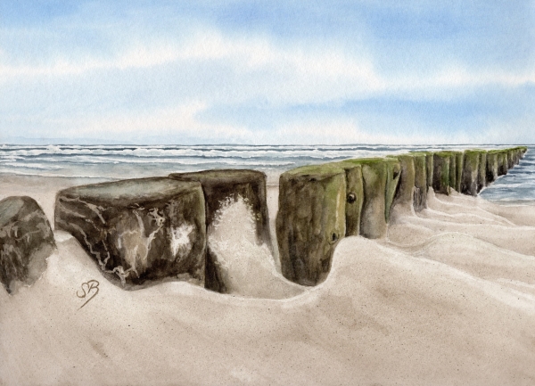 Poster DIN-A3  Aquarell Wellenbrecher Maritim Kunst Druck Dänemark Nordsee Ostsee Düne Dünen Meer Möwe Möwen Strand